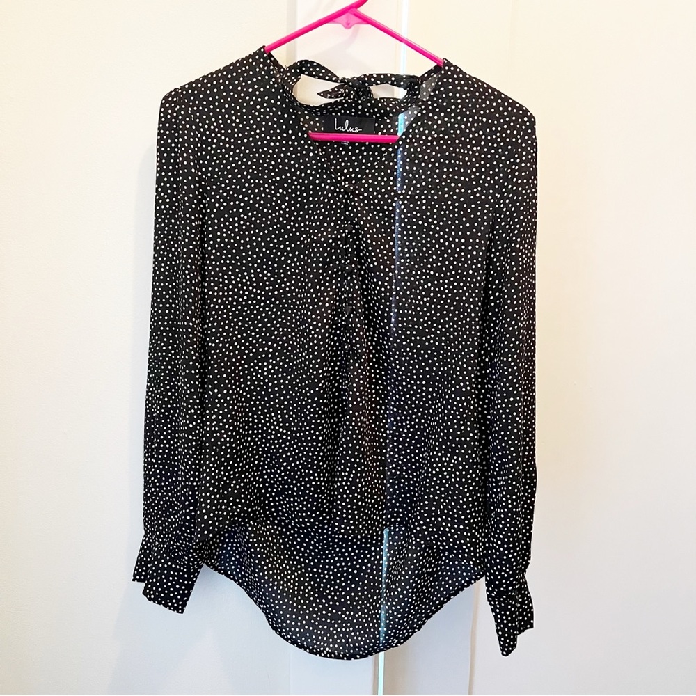 Lulu's Button Down Blouse XS Black White Polka Dot Polyester Long Sleeve